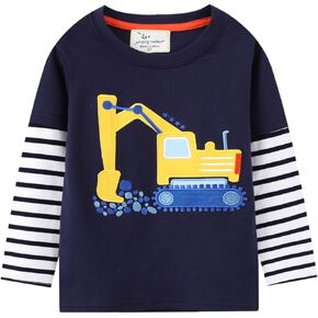 Toddler Baby Boy Embroidered Graphic Long Sleeve T-Shirt Excavator Tops Kids Striped Tees for 2-7T
