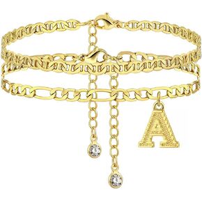 LANG XUAN 14K Gold Ankle Bracelets for Women Waterproof Set Boho Cuban Link Anklets Initials Letter Name Non Tarnish Extra Large Ankle Chain Layered Foot Jewelry Personalized Gifts