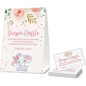 Pink Floral Elephant Baby Shower Party 5"x7" Self-Standing Diaper Raffle Sign With 50 Cards(2.1"x3.5"), Baby Gender Announce Party Decorations Supplies - diaper-H01