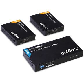 gofanco 4K 1x4 HDMI Extender Splitter Over CAT6/7 Ethernet Cable – 4K 60Hz 4:4:4, 197ft/60m, HDMI Loopout, HDR, HLG, HDCP 2.2, PoC, Dual IR, EDID, 5.1-ch Audio, Audio Extraction (HD20Ext4P-LT)