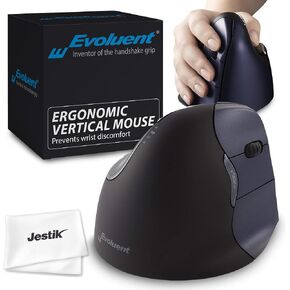 Evoluent Mouse VM4RW - VerticalMouse 4, Right Hand Ergonomic Design, Evoluent Vertical Mouse with Wireless Connection for Comfort and Precision, Plus Jestik Microfiber Cloth (Regular Size)