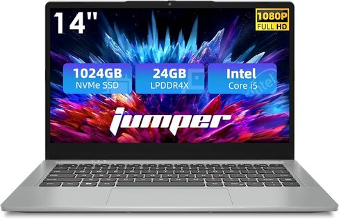 كمبيوتر محمول Jumper، ذاكرة الوصول العشوائي LPDDR4X سعة 24 جيجابايت، محرك أقراص NVMe SSD سعة 1024 جيجابايت، وحدة المعالجة المركزية Core i5 بسرعة 3.6 جيجا هرتز، شاشة FHD IPS مقاس 14 بوصة، كمبيوتر محمول مع 4 مكبرات صوت ستيريو، 51300 ميجاوات في الساعة، USB3. in Saudi Arabia