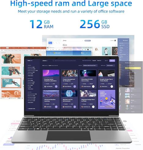 كمبيوتر محمول 14 بوصة، وحدة المعالجة المركزية سيليرون J4105 رباعية النواة، 256 جيجابايت SSD 12 جيجابايت رام، كمبيوتر خفيف الوزن مع شاشة FHD 1080P، 2.4G+5G WiFi، BT4.0، مكبرات صوت مزدوجة، بطارية 35.52WH، HDMI، أجهزة الكمبيوتر المحمولة Windows 11، 16:9، رما in Kuwait