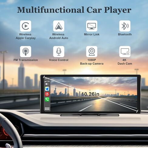 10.26" Touchscreen Car Stereo with Wireless Apple CarPlay & Android Auto, 4K Dash Cam, 1080P Backup Camera, Bluetooth, AUX/FM, Mirror Link, GPS Navigation, Loop Recording, Voice Control in Saudi Arabia