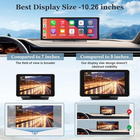 10.26" Touchscreen Car Stereo with Wireless Apple CarPlay & Android Auto, 4K Dash Cam, 1080P Backup Camera, Bluetooth, AUX/FM, Mirror Link, GPS Navigation, Loop Recording, Voice Control in Saudi Arabia