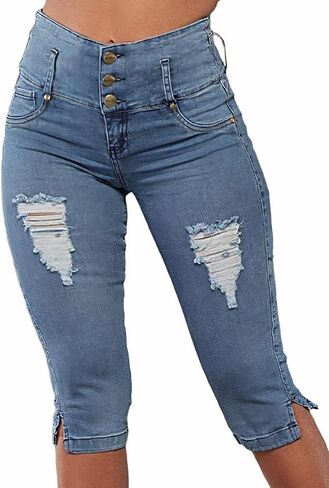 Flamingals Women's Distressed Button Front Raw Hem Capris Jeans Mid Waist Casual Pants in Saudi Arabia