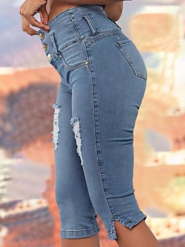 Flamingals Women's Distressed Button Front Raw Hem Capris Jeans Mid Waist Casual Pants in Saudi Arabia