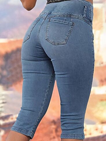 Flamingals Women's Distressed Button Front Raw Hem Capris Jeans Mid Waist Casual Pants in Saudi Arabia