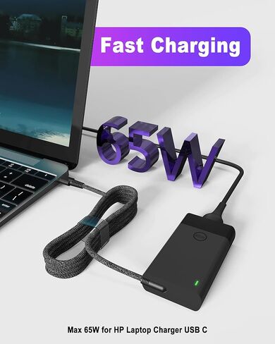 شاحن كمبيوتر محمول 65 وات USB C لـ HP Spectre X360، Envy X360، EliteBook X360، Chromebook، Elite X2، شاحن HP Spectre/EliteBook/Envy/ZBook/Chromebook لمحول طاقة HP USB-C للشحن السريع من النوع C in Kuwait