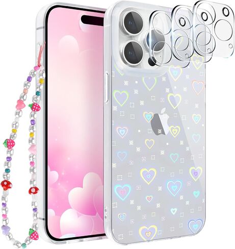 for 15 Pro Case [5 in 1] Clear Laser Glitter Heart Pattern Phone Case + 3* Camera Lens Protector + Lucky Chain for Women Girls Cute Bling Protective Case for 15 Pro in Saudi Arabia
