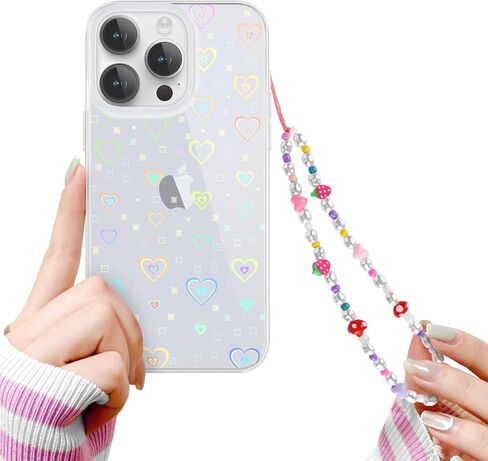 for 15 Pro Case [5 in 1] Clear Laser Glitter Heart Pattern Phone Case + 3* Camera Lens Protector + Lucky Chain for Women Girls Cute Bling Protective Case for 15 Pro in Saudi Arabia