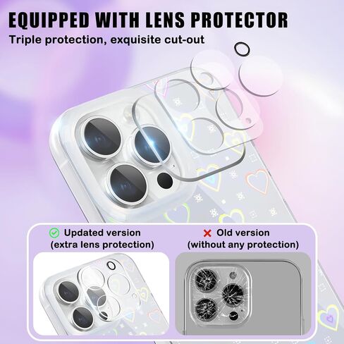 for 15 Pro Case [5 in 1] Clear Laser Glitter Heart Pattern Phone Case + 3* Camera Lens Protector + Lucky Chain for Women Girls Cute Bling Protective Case for 15 Pro in Saudi Arabia