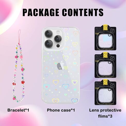 for 15 Pro Case [5 in 1] Clear Laser Glitter Heart Pattern Phone Case + 3* Camera Lens Protector + Lucky Chain for Women Girls Cute Bling Protective Case for 15 Pro in Saudi Arabia