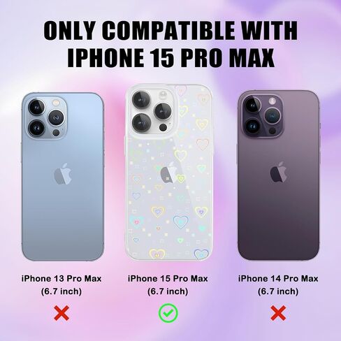 for 15 Pro Case [5 in 1] Clear Laser Glitter Heart Pattern Phone Case + 3* Camera Lens Protector + Lucky Chain for Women Girls Cute Bling Protective Case for 15 Pro in Saudi Arabia