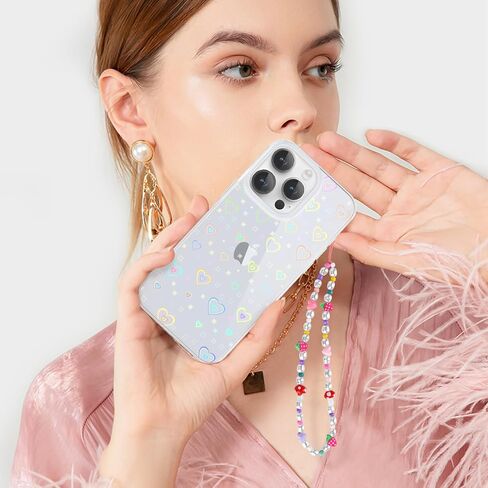 for 15 Pro Case [5 in 1] Clear Laser Glitter Heart Pattern Phone Case + 3* Camera Lens Protector + Lucky Chain for Women Girls Cute Bling Protective Case for 15 Pro in Saudi Arabia