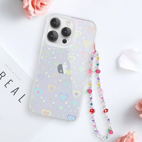 for 15 Pro Case [5 in 1] Clear Laser Glitter Heart Pattern Phone Case + 3* Camera Lens Protector + Lucky Chain for Women Girls Cute Bling Protective Case for 15 Pro in Saudi Arabia