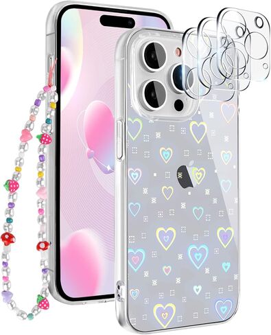 for 15 Pro Case [5 in 1] Clear Laser Glitter Heart Pattern Phone Case + 3* Camera Lens Protector + Lucky Chain for Women Girls Cute Bling Protective Case for 15 Pro in Saudi Arabia