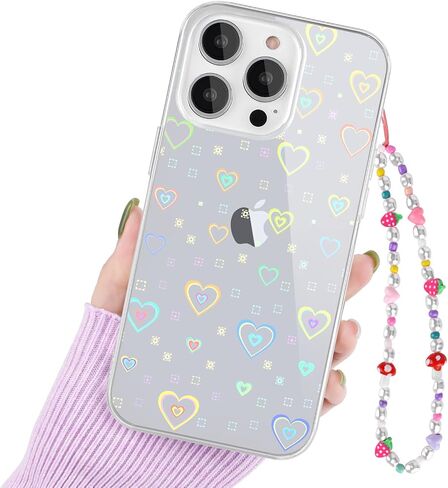 for 15 Pro Case [5 in 1] Clear Laser Glitter Heart Pattern Phone Case + 3* Camera Lens Protector + Lucky Chain for Women Girls Cute Bling Protective Case for 15 Pro in Saudi Arabia
