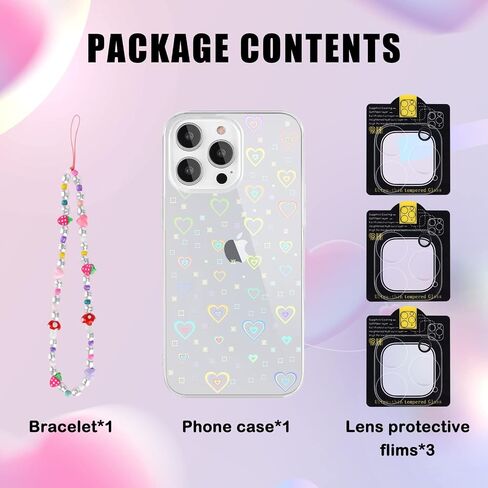 for 15 Pro Case [5 in 1] Clear Laser Glitter Heart Pattern Phone Case + 3* Camera Lens Protector + Lucky Chain for Women Girls Cute Bling Protective Case for 15 Pro in Saudi Arabia