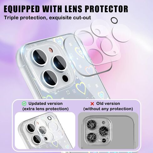 for 15 Pro Case [5 in 1] Clear Laser Glitter Heart Pattern Phone Case + 3* Camera Lens Protector + Lucky Chain for Women Girls Cute Bling Protective Case for 15 Pro in Saudi Arabia