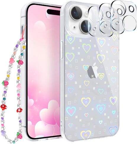 for 15 Pro Case [5 in 1] Clear Laser Glitter Heart Pattern Phone Case + 3* Camera Lens Protector + Lucky Chain for Women Girls Cute Bling Protective Case for 15 Pro in Saudi Arabia