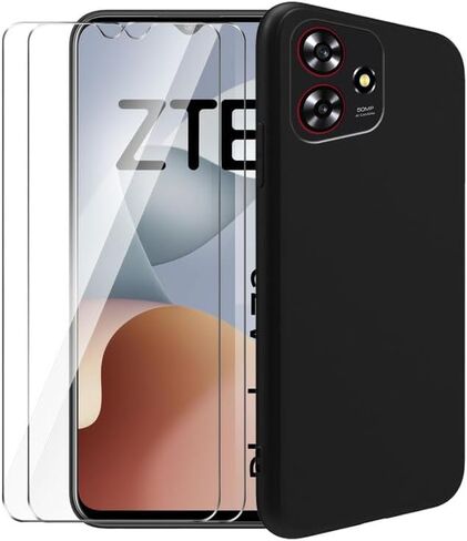 Case for ZTE Blade V50 Smart + Glass Screen Protector Tempered Film - Transparent Silicone Soft Flexible Bumper Shockproof TPU Protective Cover Shell for ZTE Blade V50 Smart (Black) in Saudi Arabia