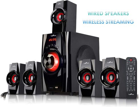 Be Free Sound 5.1 Channel Surround Sound Bluetooth Speaker System in Red with Remote Control, FM Radio, 4" Amplifier, 2.5" Speakers, Black in Saudi Arabia