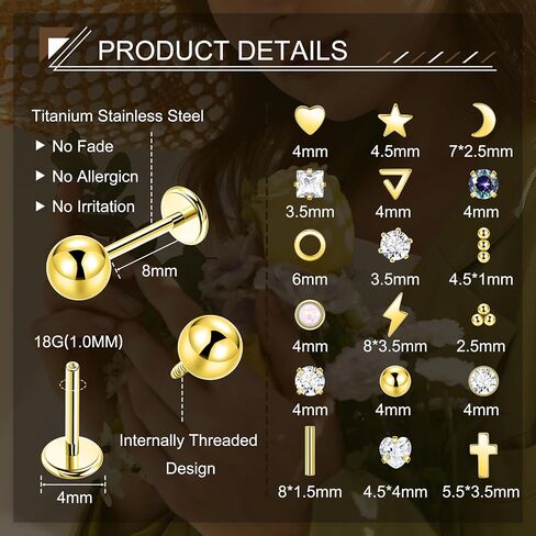 18Pairs 18G Titanium Stainless Steel Internal Thread Stud Earrings Set for Women Men Hypoallergenic Flat Back Cartilage Stud Earrings CZ Moon Star Heart Ball Helix Tragus Lobe Stud Earrings 6MM 8MM in Saudi Arabia