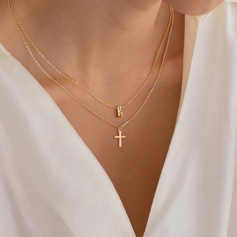 Turandoss Cross Initial Necklace for Women Girls, Dainty Gold Layered Initial Choker Small Tiny Cross Necklaces, Personalized Jewelry Gifts for Women Girls in Kuwait