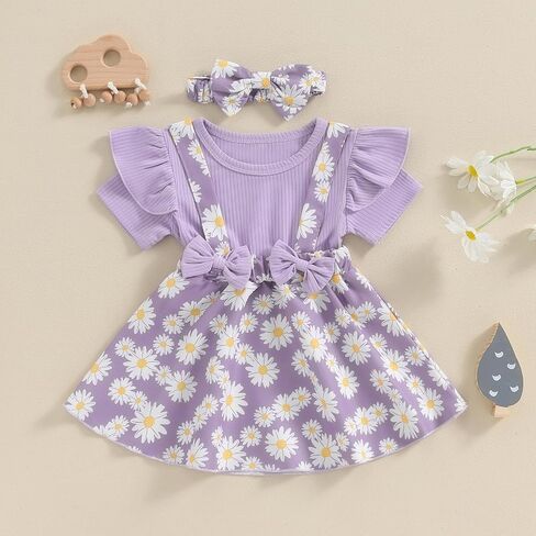 Toddler Baby Girl Daisy Dress Ribbed Ruffles Short Sleeve Twirl Dresses with Headband Little Girls Summer Outfits in Saudi Arabia