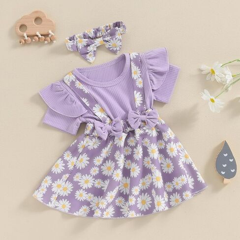 Toddler Baby Girl Daisy Dress Ribbed Ruffles Short Sleeve Twirl Dresses with Headband Little Girls Summer Outfits in Saudi Arabia