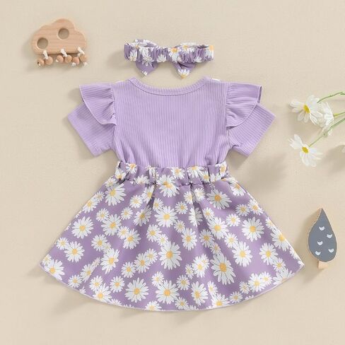 Toddler Baby Girl Daisy Dress Ribbed Ruffles Short Sleeve Twirl Dresses with Headband Little Girls Summer Outfits in Saudi Arabia
