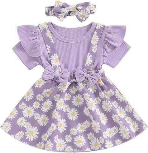 Toddler Baby Girl Daisy Dress Ribbed Ruffles Short Sleeve Twirl Dresses with Headband Little Girls Summer Outfits in Saudi Arabia