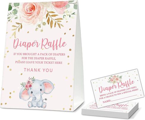 Pink Floral Elephant Baby Shower Party 5"x7" Self-Standing Diaper Raffle Sign With 50 Cards(2.1"x3.5"), Baby Gender Announce Party Decorations Supplies - diaper-H01 in Saudi Arabia