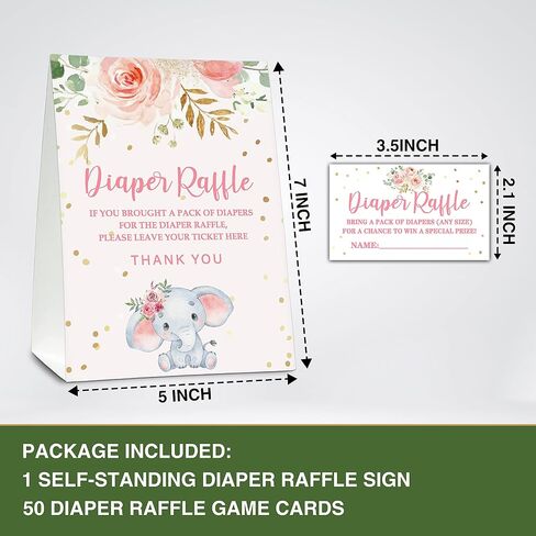 Pink Floral Elephant Baby Shower Party 5"x7" Self-Standing Diaper Raffle Sign With 50 Cards(2.1"x3.5"), Baby Gender Announce Party Decorations Supplies - diaper-H01 in Saudi Arabia