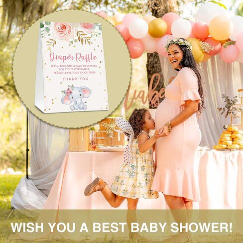 Pink Floral Elephant Baby Shower Party 5"x7" Self-Standing Diaper Raffle Sign With 50 Cards(2.1"x3.5"), Baby Gender Announce Party Decorations Supplies - diaper-H01 in Saudi Arabia