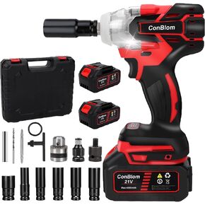 800N.m(590Ft-lbs) Cordless Impact Wrench, 1/2" Brushless Impact Gun w/ 2x 4.0Ah Battery, 4300RPM High Torque Impact Driver w/ 6 Sockets, LED Light, Power Impact Wrenches for Car Home