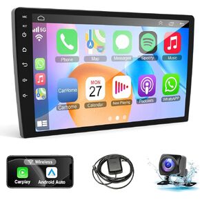 Leadfan Android 12 Double Din Car Stereo 10.1 Inch Touch Screen Car Radio Blutooth Wireless Apple Carplay & Android Auto & Voice Control,Car GPS in-Dash Navigation,with AHD Camera, 2G+32G