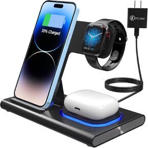 3 in 1 Wireless Charger for Apple,Fast Charging Station for iPhone 15 14 13 12 11 Pro Max,for Apple Watch,for Airpods,Foldable Charger Stand with Night Light (with 20W Adapter)