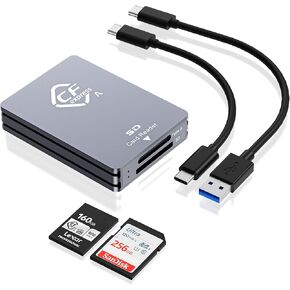 CFexpress Type A/SD Dual Slot Card Reader USB C, 10Gpbs USB3.2 Gen 2, Compatible with CFexpress Type A Card/SD Memory Card, Aluminum CFexpress Memory Card Adapter with USB C to USB C/USB A Cable