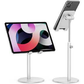 Cell Phone Stand, OMOTON Angle Height Adjustable Phone Holder, Aluminum Desktop Phone Dock for Desk, Compatible with iPhone 13/Mini/Pro/Max, All Smartphones and Tablets(4-11''), Silver
