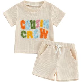 Toddler Baby Boy Girl Summer Outfit Cousin Crew Short Sleeve T-shirts Solid Color Shorts Infant 2Pcs Waffle Short Sets