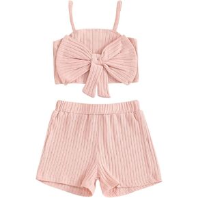 Kuriozud Summer Clothes for Toddler Baby Girl Cute Bow Sleeveless Tank Top and Shorts Set Ribbed 2 Piece Outfit