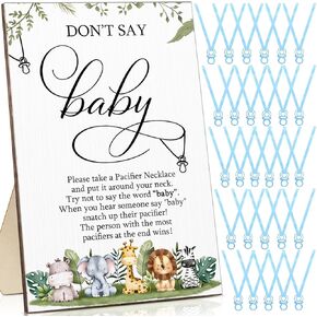 Geetery 51 Pcs Safari Don't Say Baby Game Sign Jungle Animal Baby Shower Game 50 Baby Shower Pacifier Necklace Wooden Don't Say Baby Sign Plastic Baby Pacifier Party Favor for Gender Reveal(Blue)