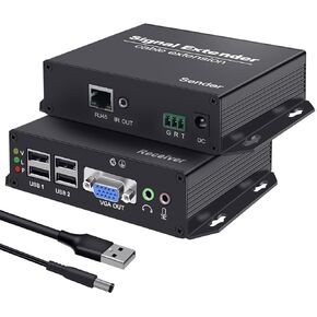 VGA KVM Extender Over Cat5e/6/7 Up to 394FT(120M), 2560X1080@60Hz VGA KVM Extender Over Ethernet Zero Delay Transmission, Plug and Play, with 4 USB2.0 Ports, IR Control, RS-232&Audio