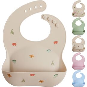 MIGHTY MONKEY BPA Free Waterproof Silicone Feeding Bib, Baby and Toddler Adjustable Food Catcher, Dishwasher Safe Bibs, Eating and Drinking Essentials for Boy, Girl, Drooling Teething Babies, Beige
