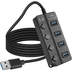 5FT 4-Port USB3.0 Expander Hub,USB 3.0 Fast Data Hub with Individual LED Power On/Off Switches，Portable USB Port Extender for PC,USB Flash Drives and More