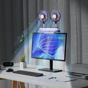Computer Monitor Light Bar with Fan, Two-Head Personal Cooling Fan Monitor Clip Quiet USB Fan Flip-Open LED Lamp, Level 3 brightness, 3 Wind Speeds，for Laptop, Flat & Curved Monitors (Deepsea Blue)