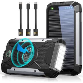 Solar Charger 38600mAh,Solar Power Bank Wireless Portable Charger Built in 3 Cables External Battery Pack Waterproof with 4 Outputs 2 Inputs USB C 15 W 5V/3A Battery Bank with Camping Light Compass