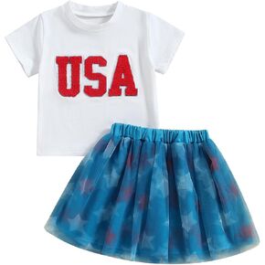 BeQeuewll Toddler Girls 4th of July Outfit Skirt Set Short Sleeve USA Shirt Star Tulle Tutu Outfit Gril Patriotic Dress 1-6T